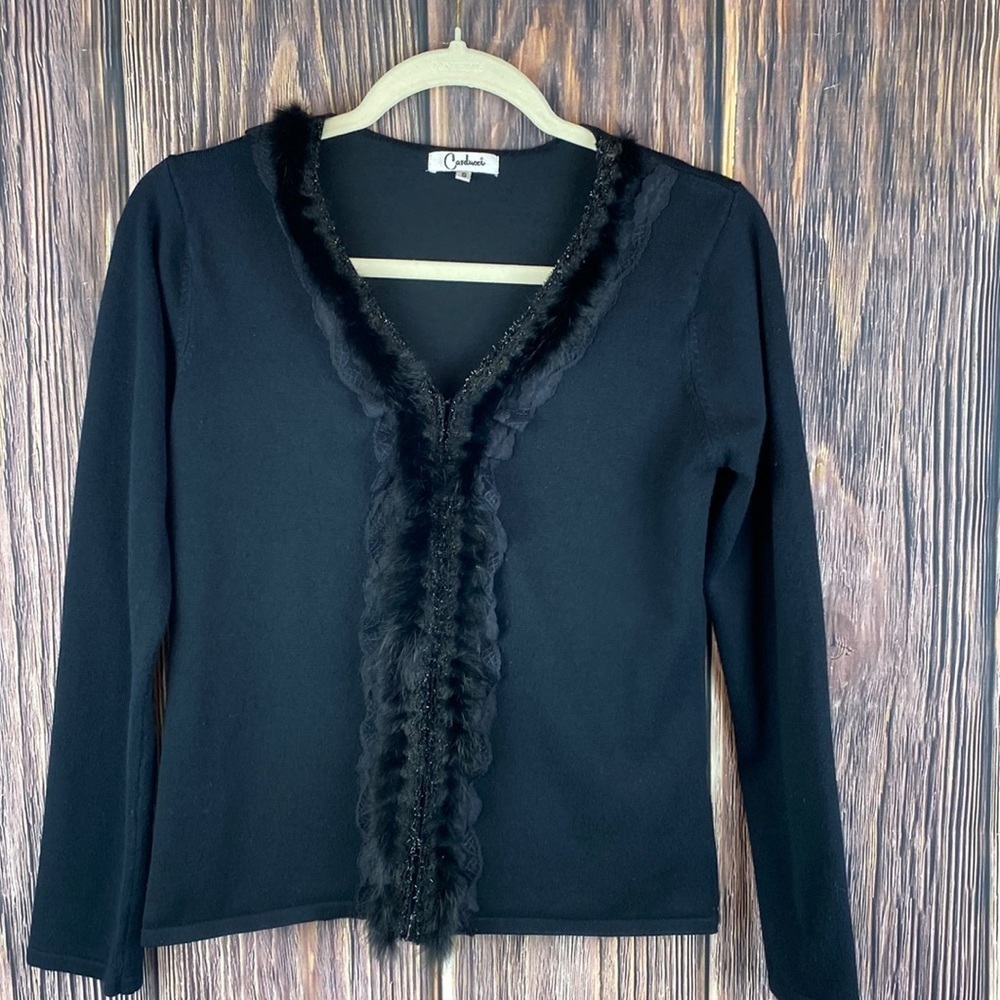 Woman’s Carducci Black Cardigan W/ lace & Faux Fir Trim & Eye-hook Closure -Sz S